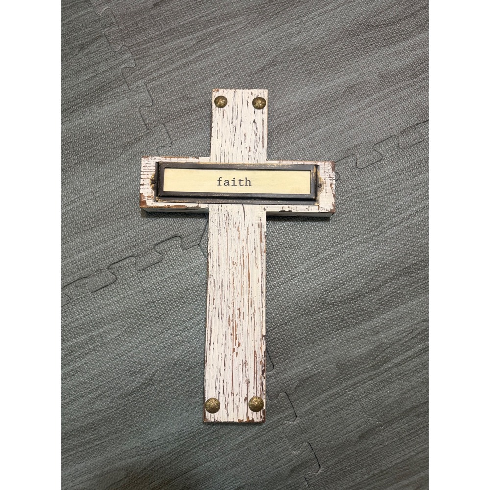 Mud Pie Faith Cross Plaque Distressed White Wood Rustic Farmhouse Wall Decor